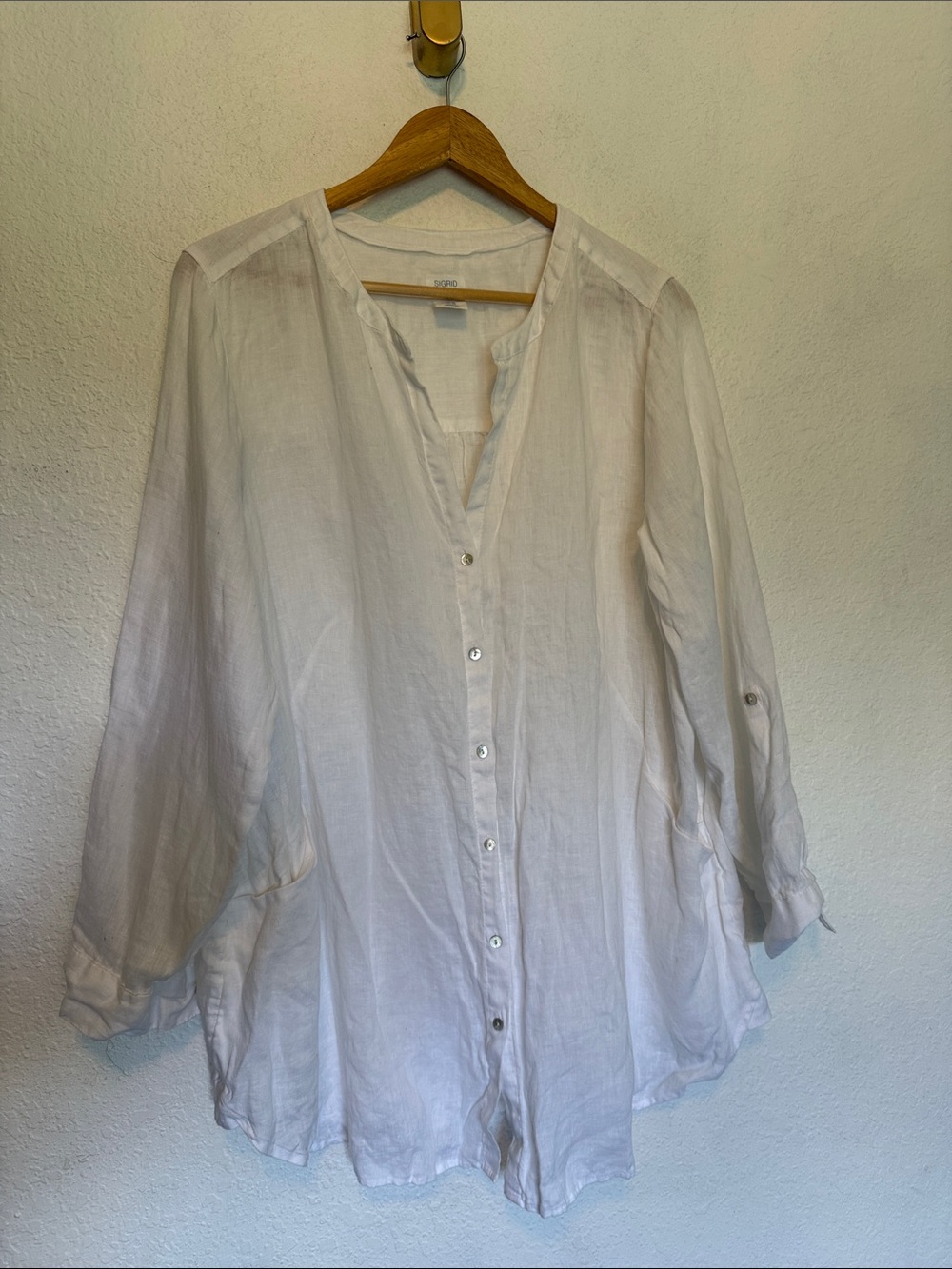 Perfect Sigrid Olsen long Shirt/ Tunic 100 % Linen 1X pockets roll tab sleeve